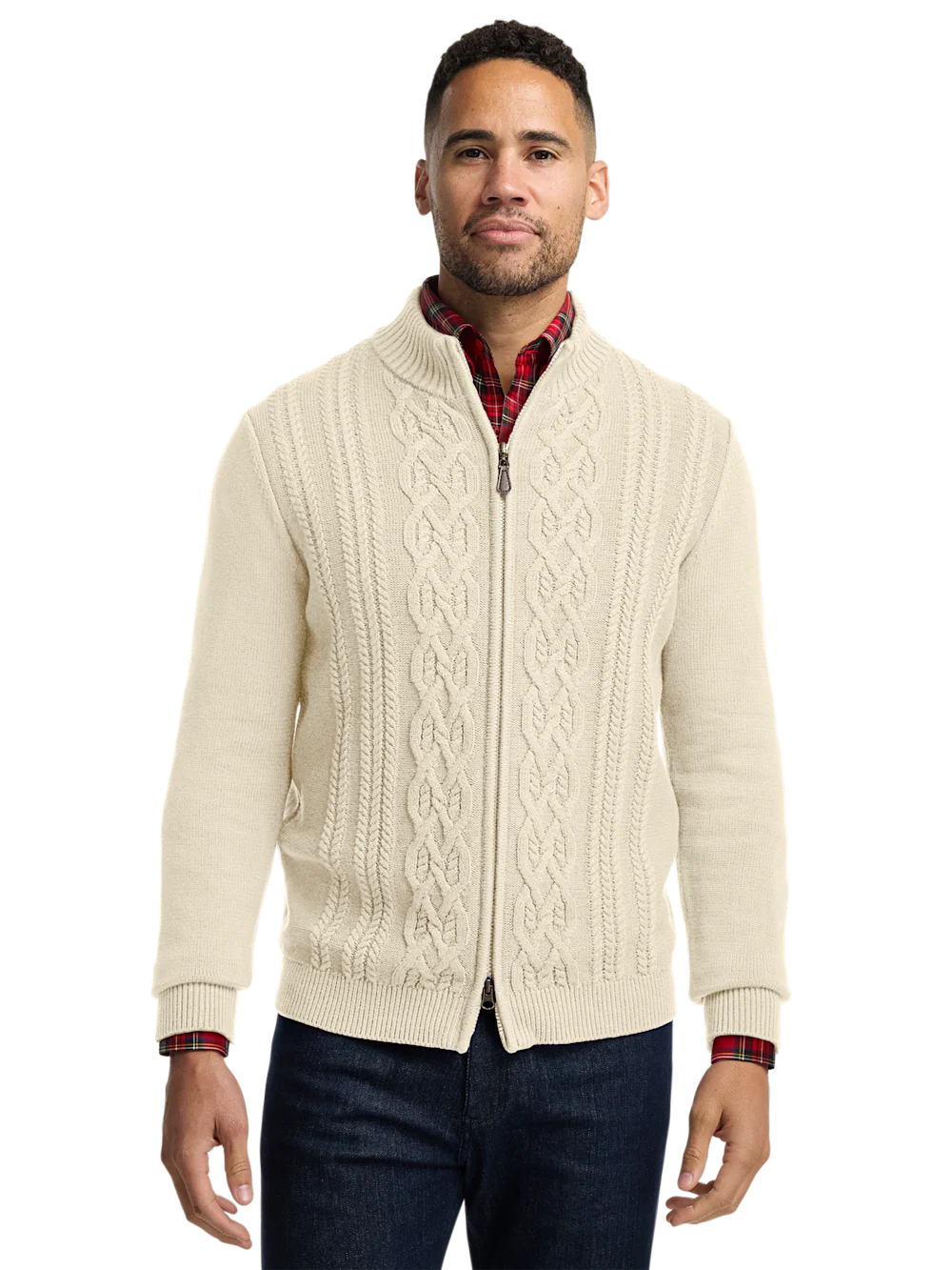 Cotton Cable Full Zip Mock Neck Sweater - Ivory - Image 2