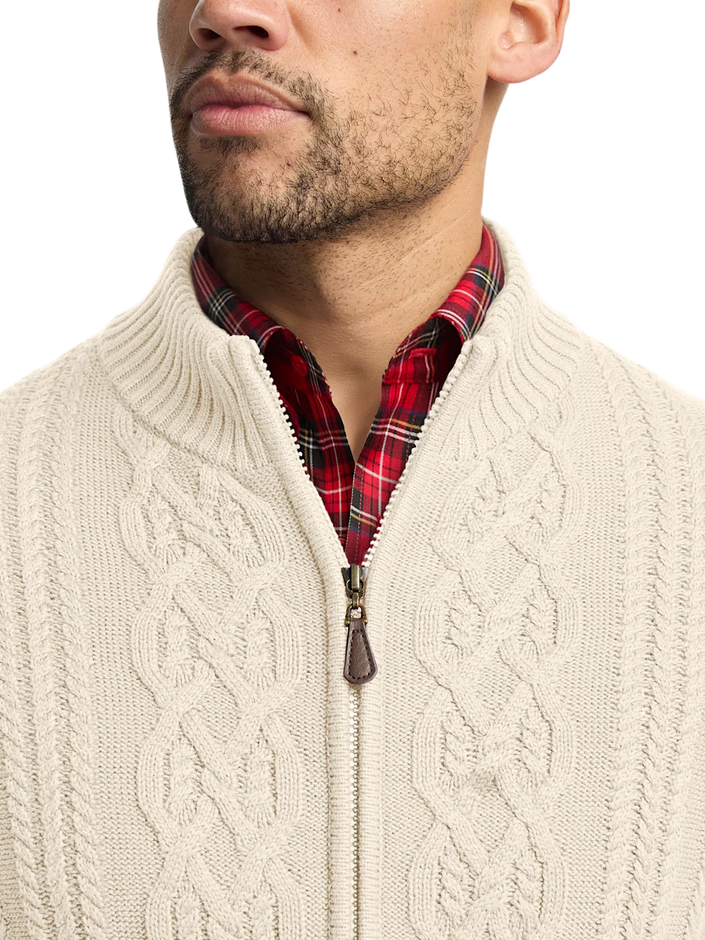 Cotton Cable Full Zip Mock Neck Sweater - Ivory - Image 3