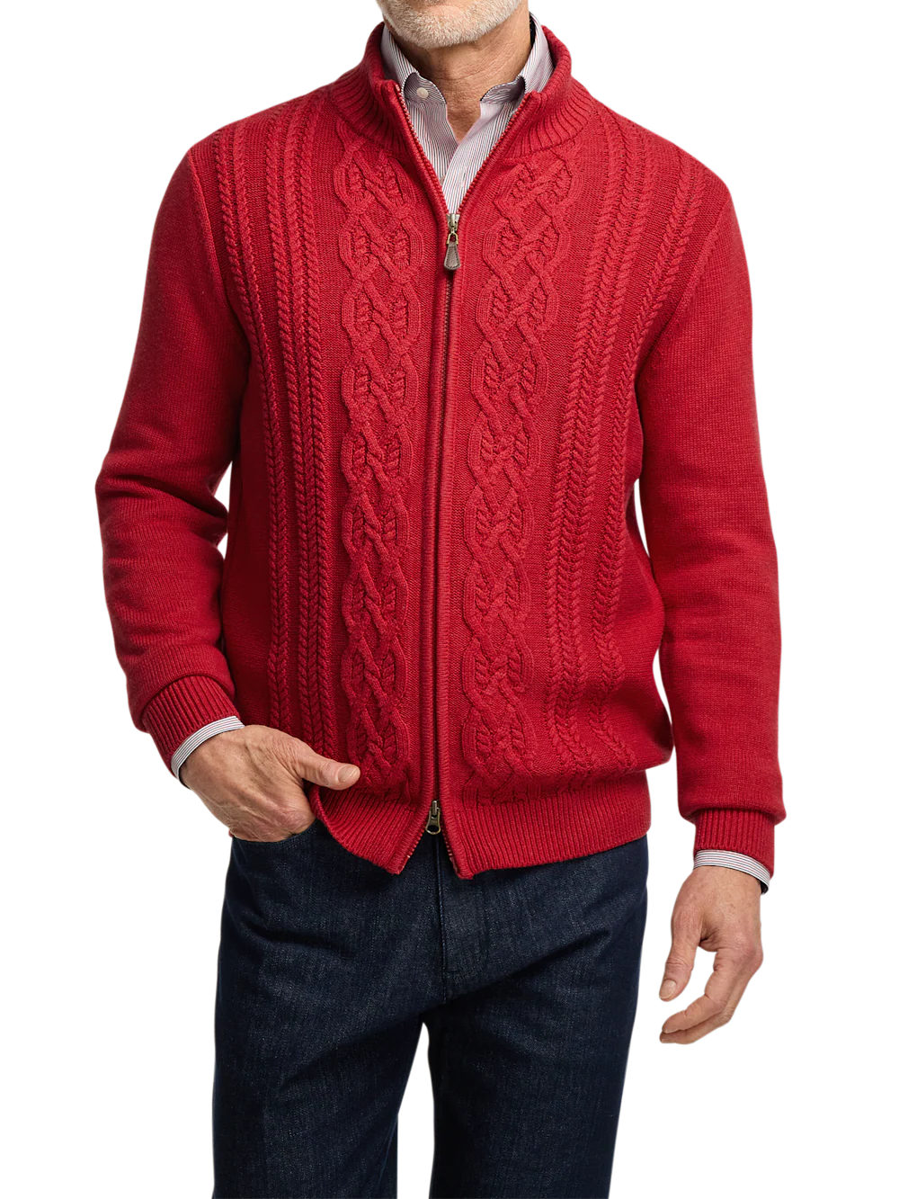 Cotton Cable Full Zip Mock Neck Sweater - Red - Image 2
