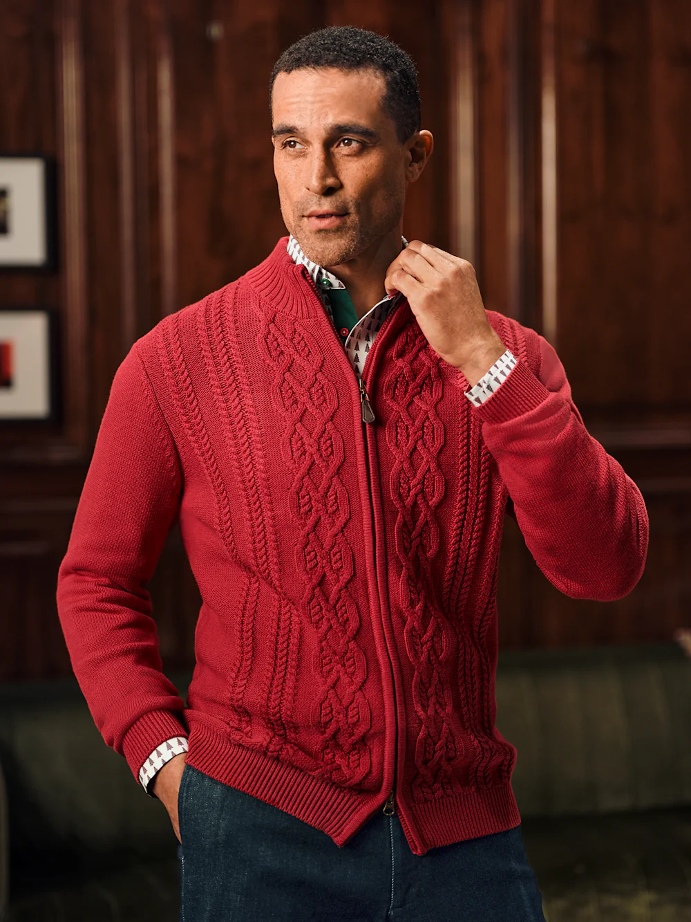 Cotton Cable Full Zip Mock Neck Sweater - Red - Image 7