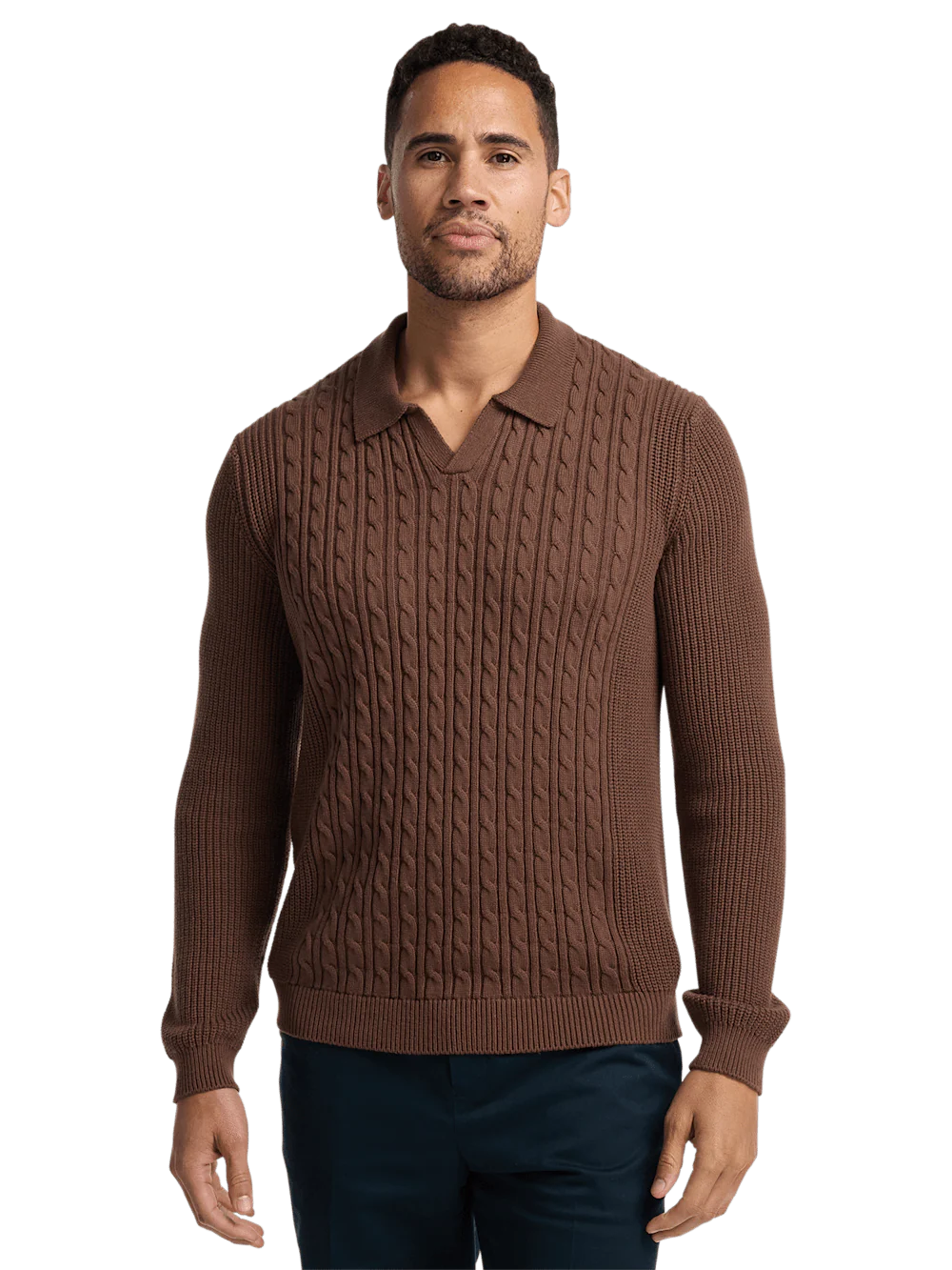 Cotton Cable V-neck Polo - Brown - Image 2