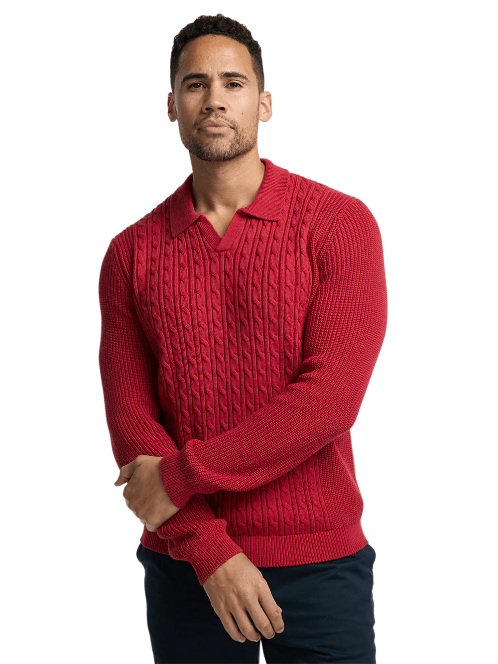 Cotton Cable V-neck Polo - Red - Image 2