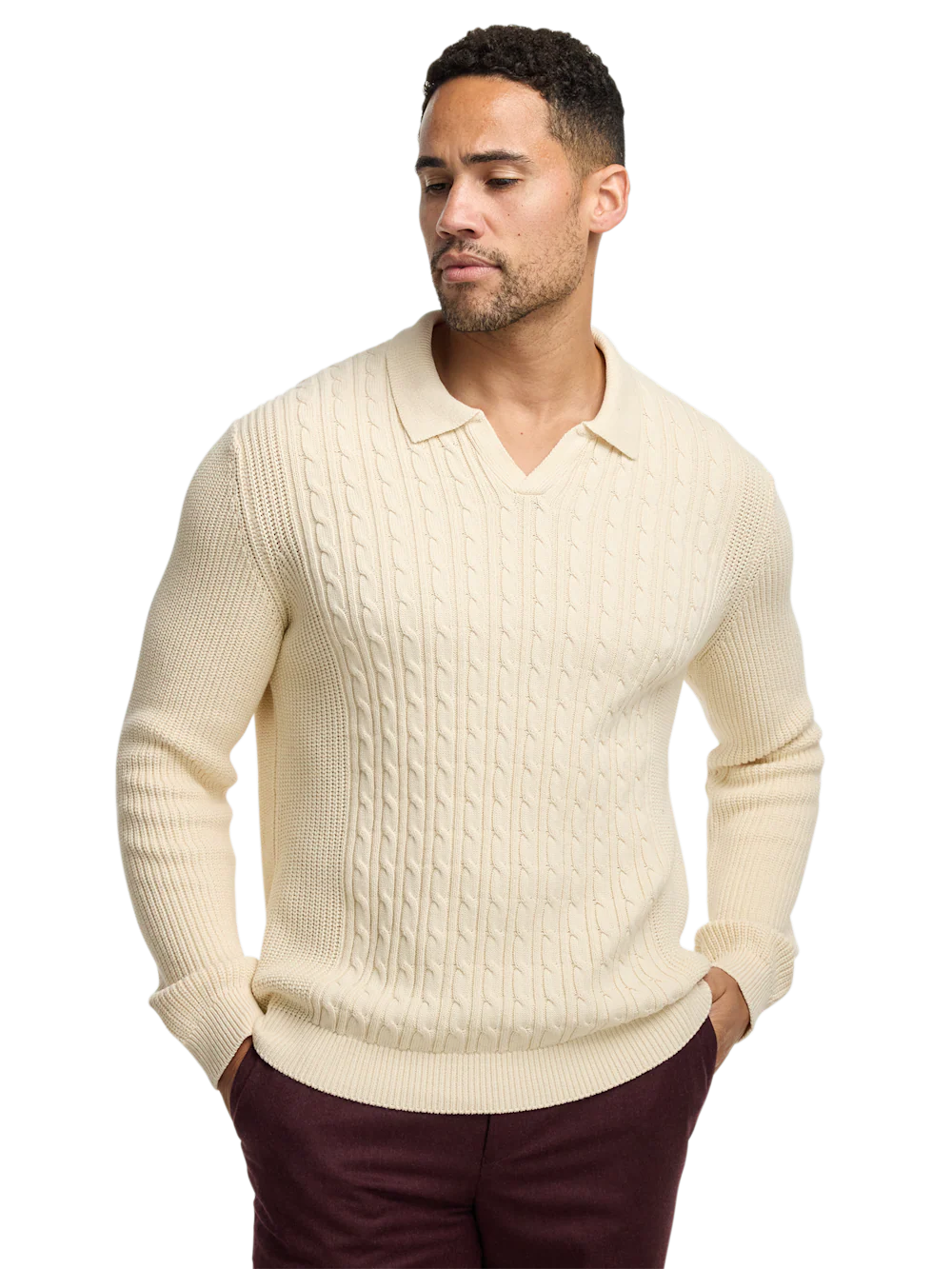 Cotton Cable V-neck Polo - Ivory - Image 2
