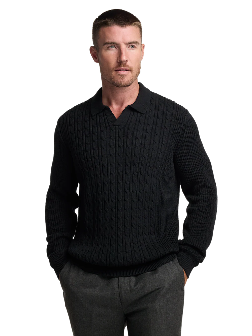 Cotton Cable V-neck Polo - Black - Image 2