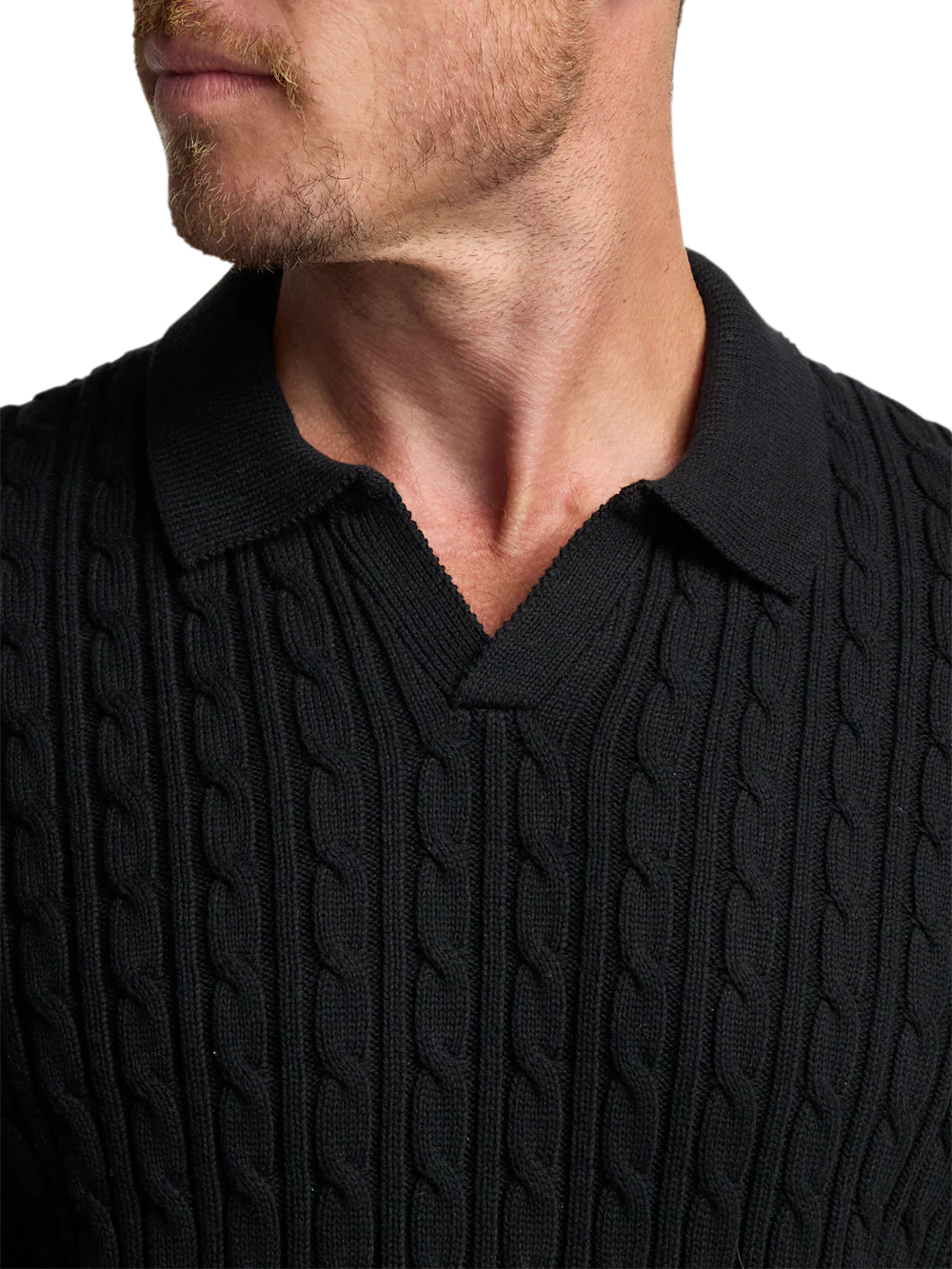 Cotton Cable V-neck Polo - Black - Image 3