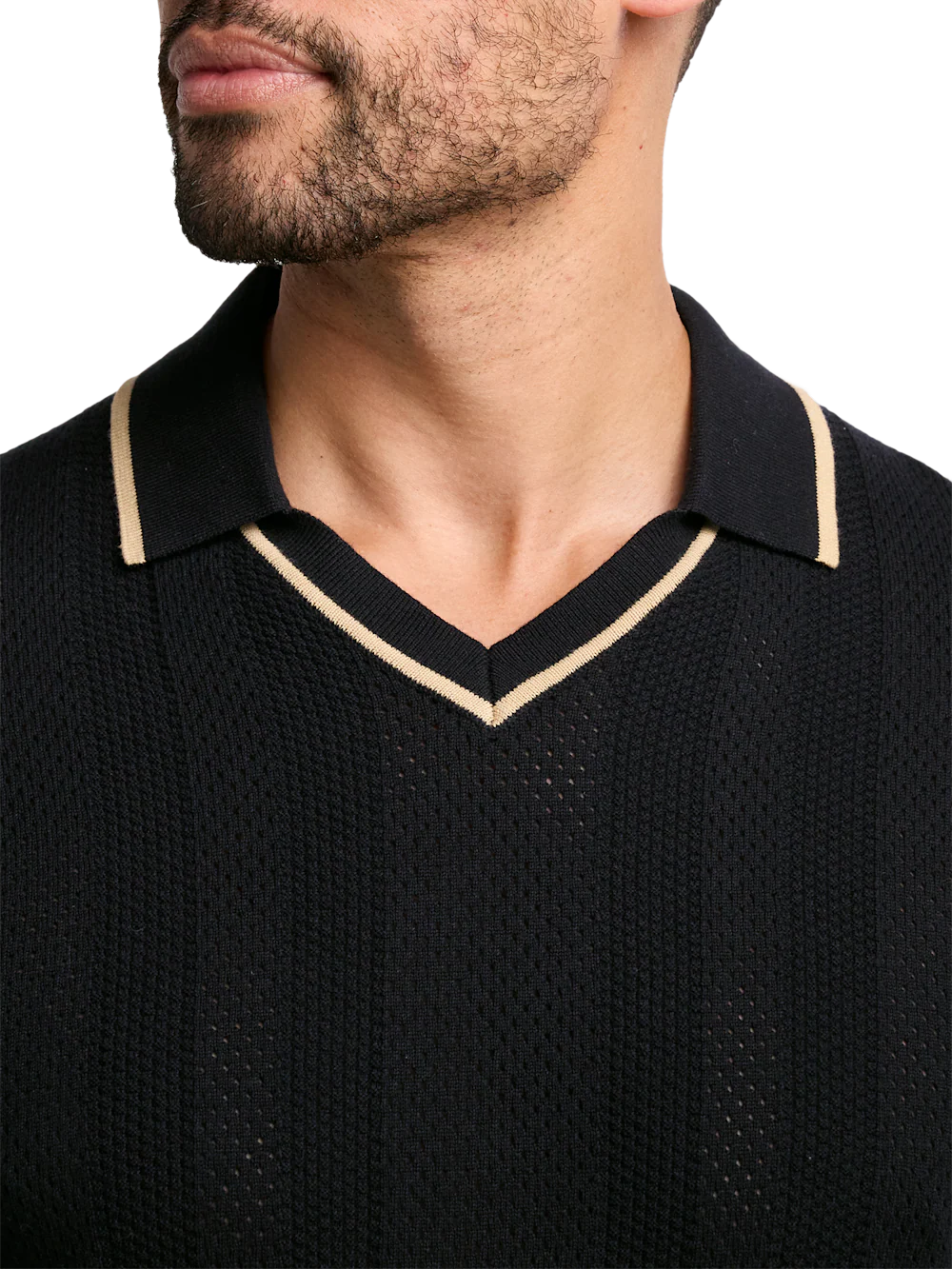 Cotton Crochet V-Neck Polo - Black - Image 3