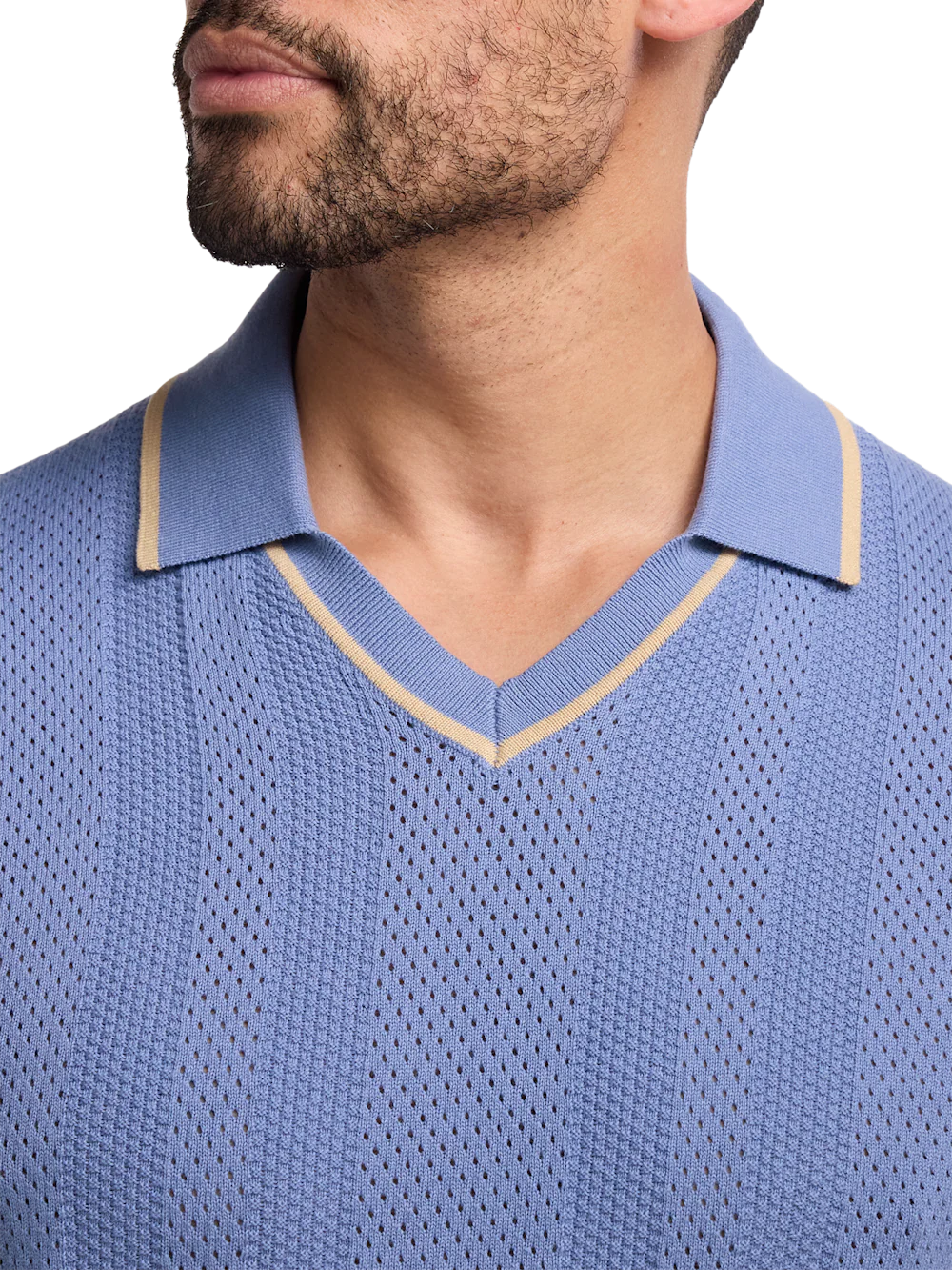 Cotton Crochet V-Neck Polo - Blue - Image 3