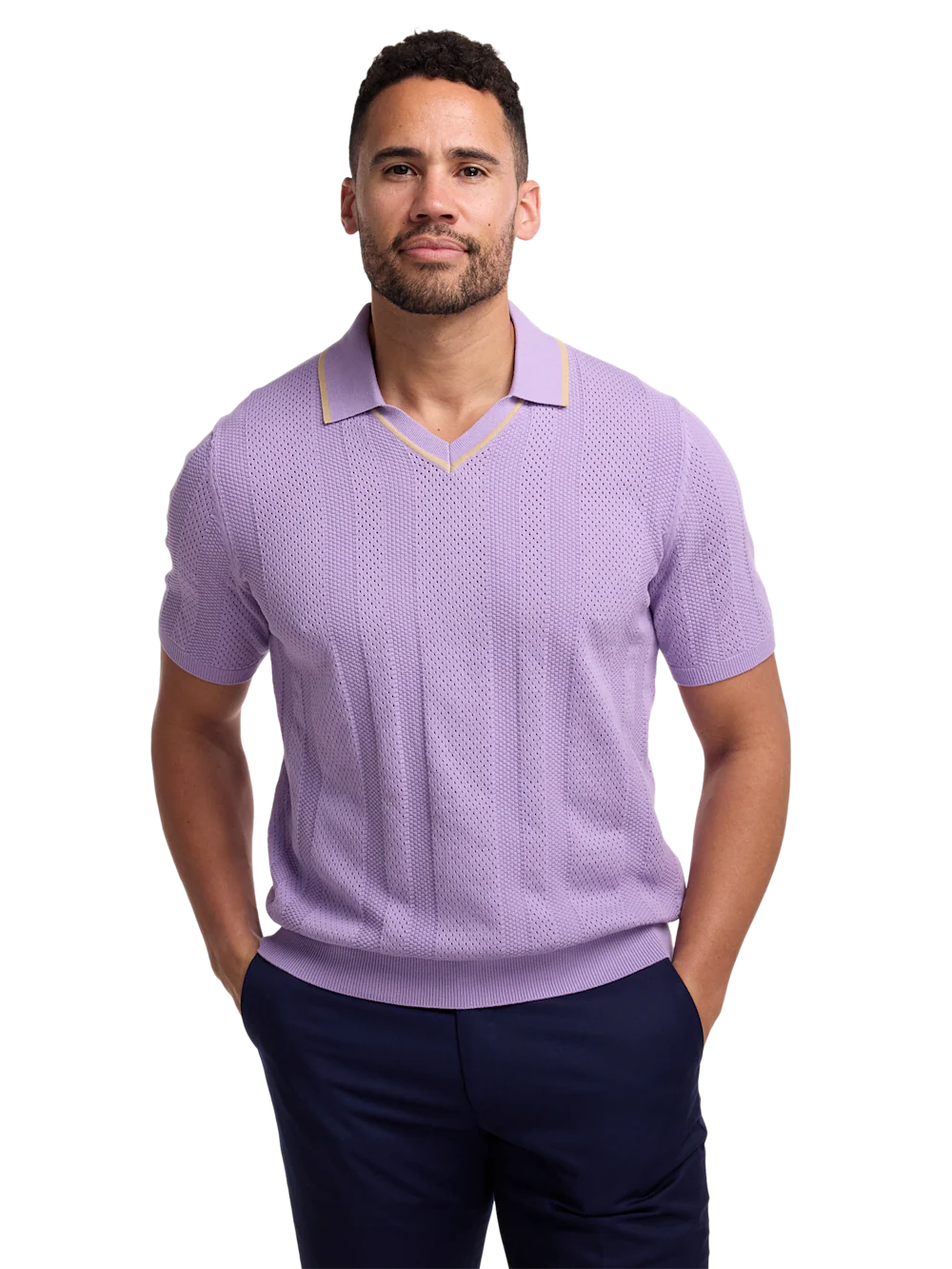 Cotton Crochet V-Neck Polo - Lavender - Image 2