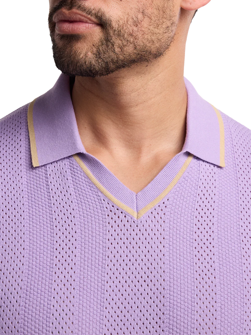 Cotton Crochet V-Neck Polo - Lavender - Image 3