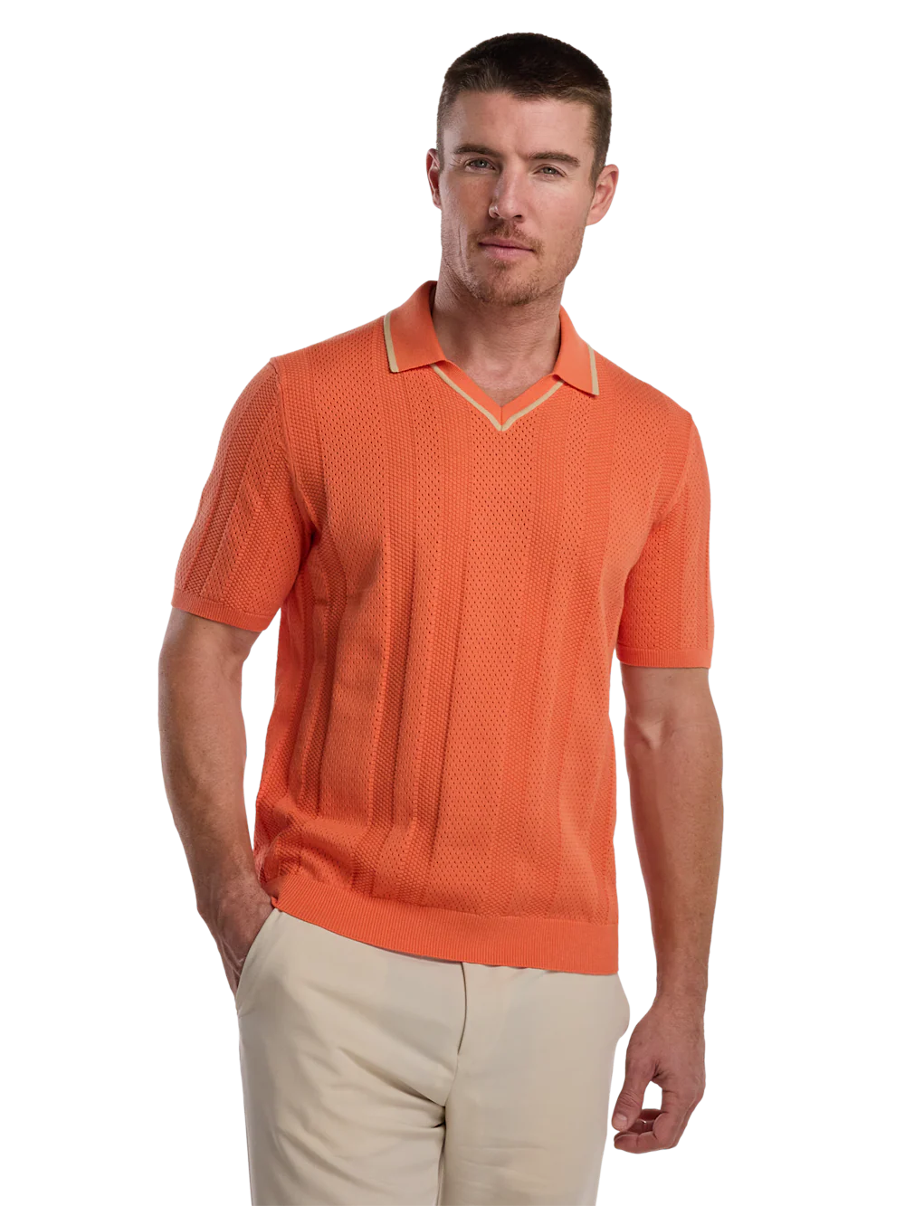 Cotton Crochet V-Neck Polo - Melon - Image 2