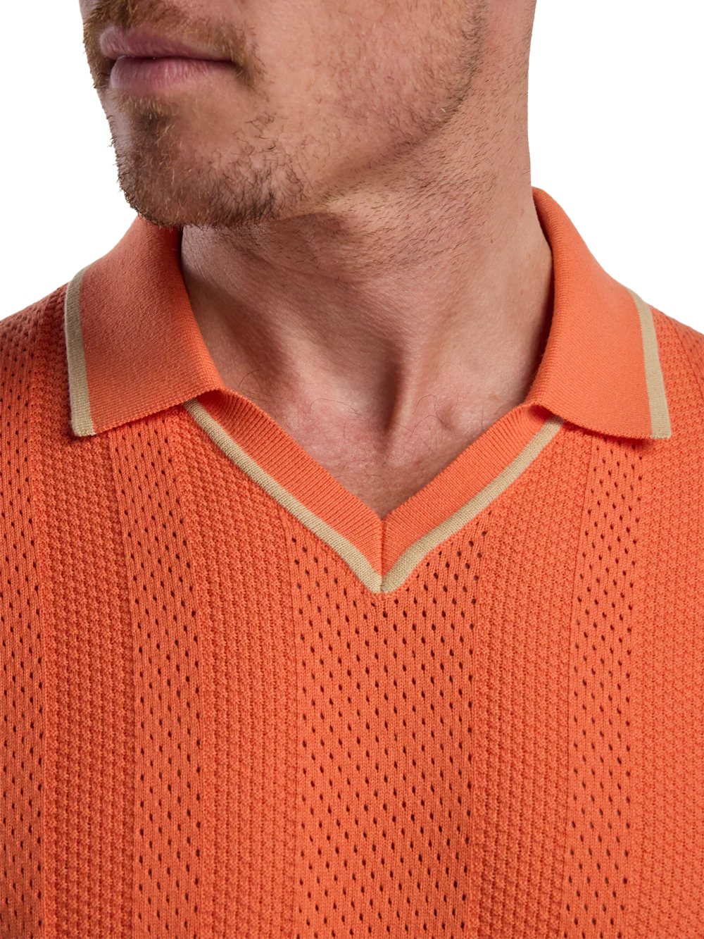 Cotton Crochet V-Neck Polo - Melon - Image 3