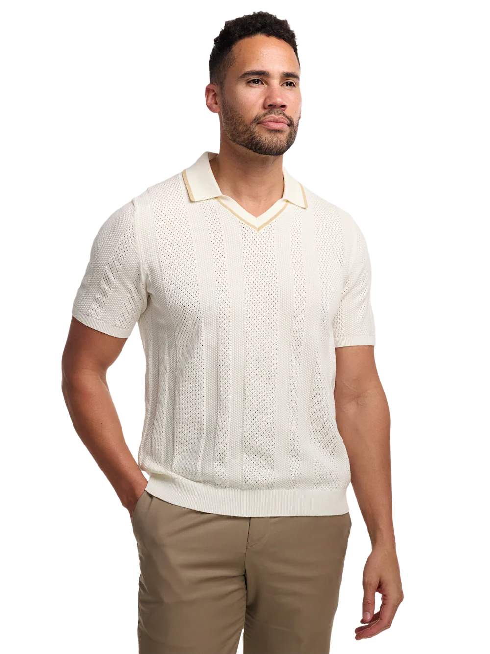 Cotton Crochet V-Neck Polo - White - Image 2