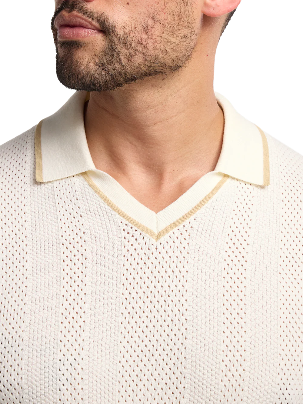 Cotton Crochet V-Neck Polo - White - Image 3