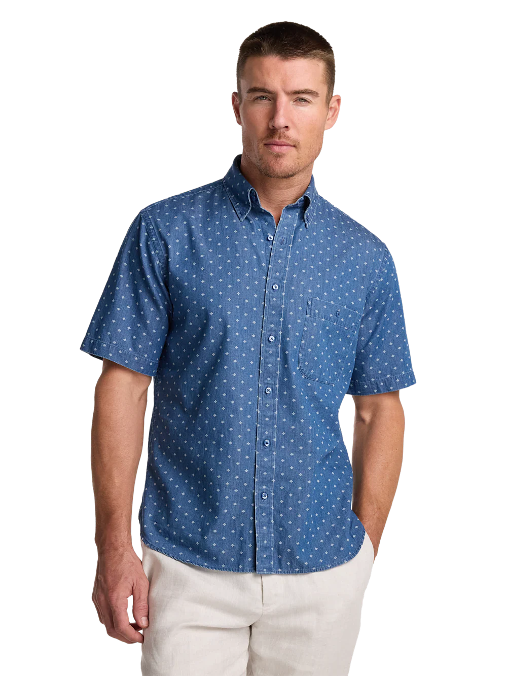 Cotton Denim Geometric Dot Casual Shirt - Navy - Image 2
