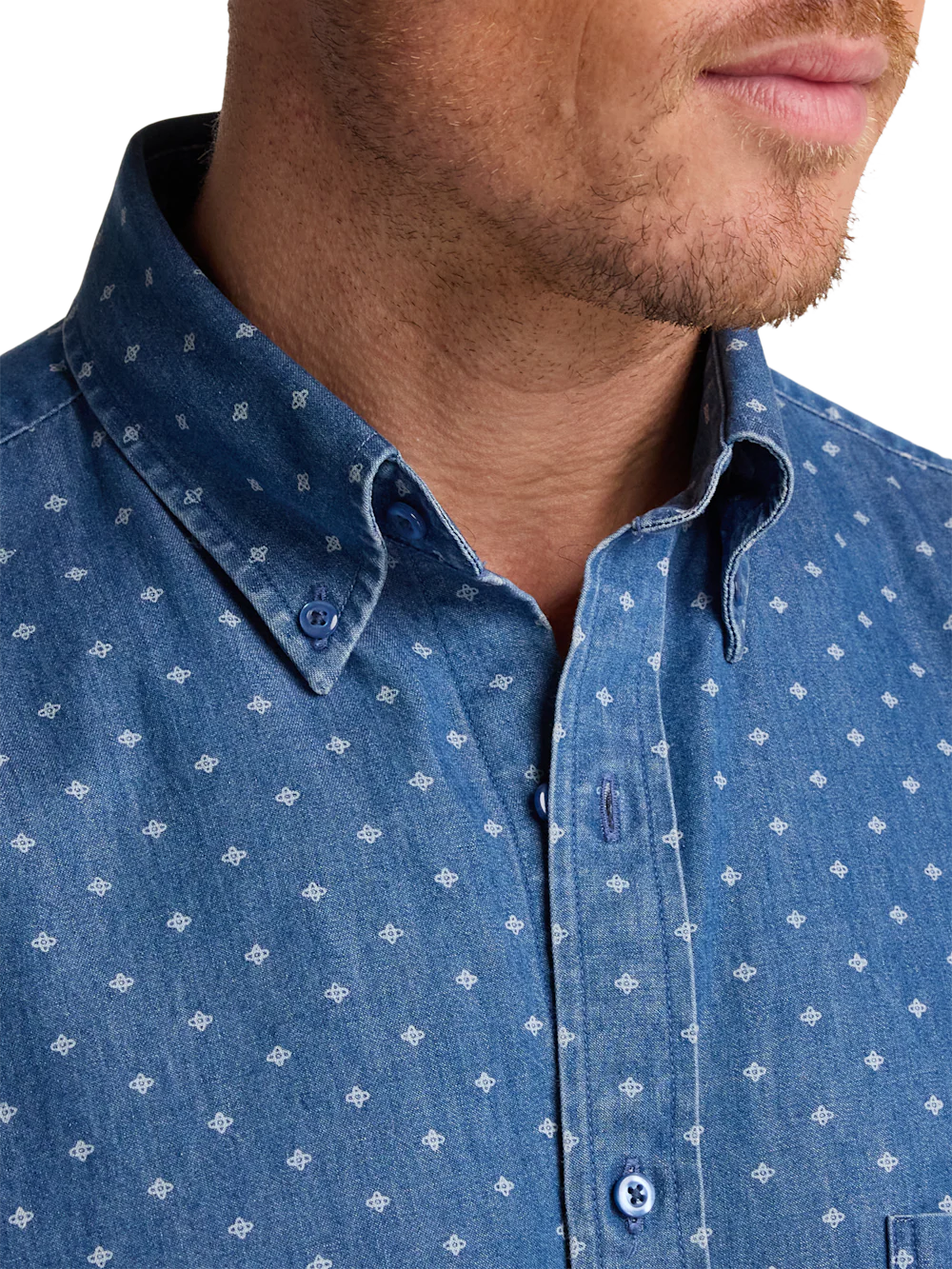 Cotton Denim Geometric Dot Casual Shirt - Navy - Image 3