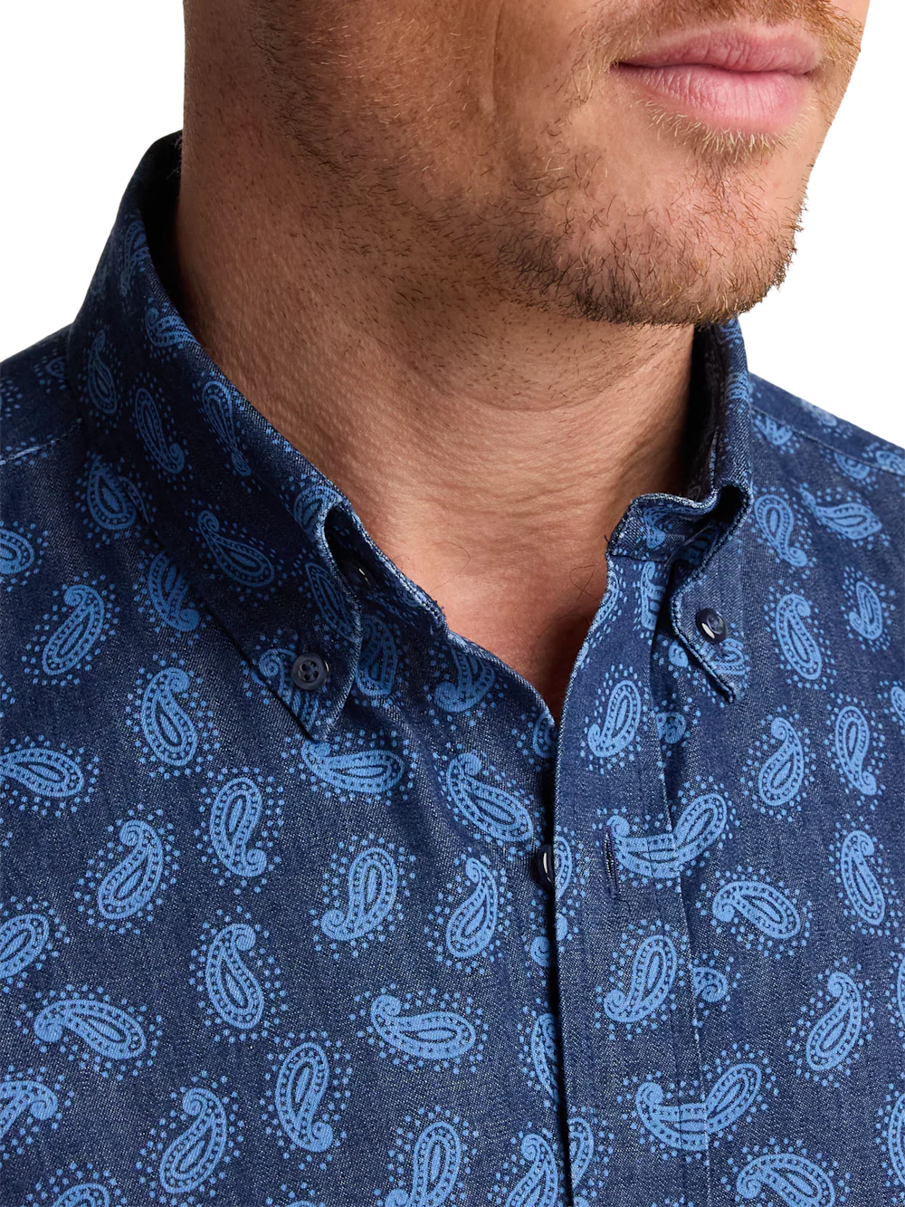 Cotton Denim Paisley Casual Shirt - Dark Navy - Image 3