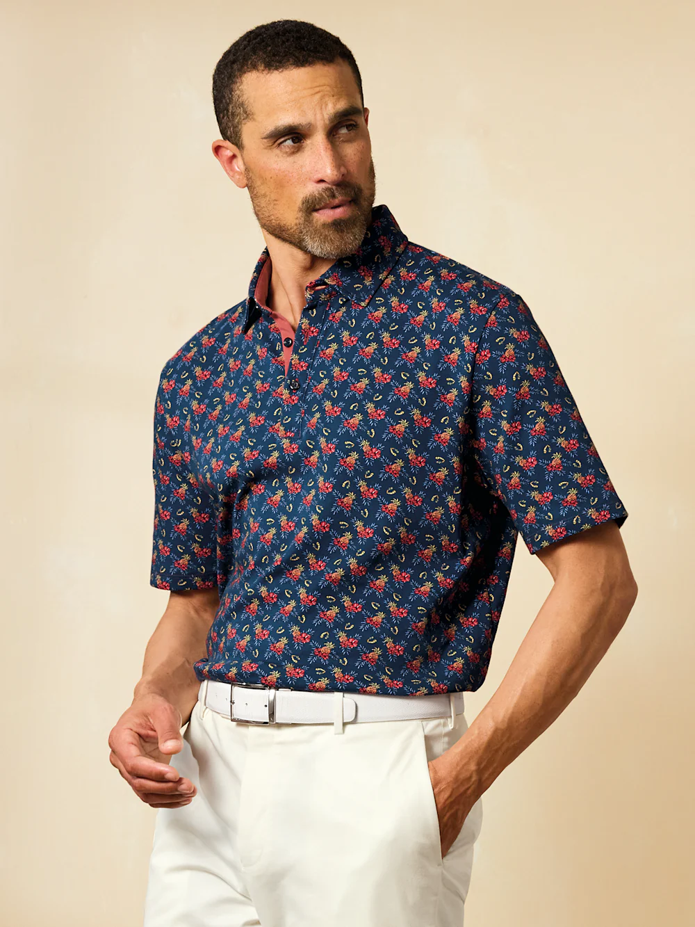 Cotton Full Button Front Polo - Navy Multi - Image 7