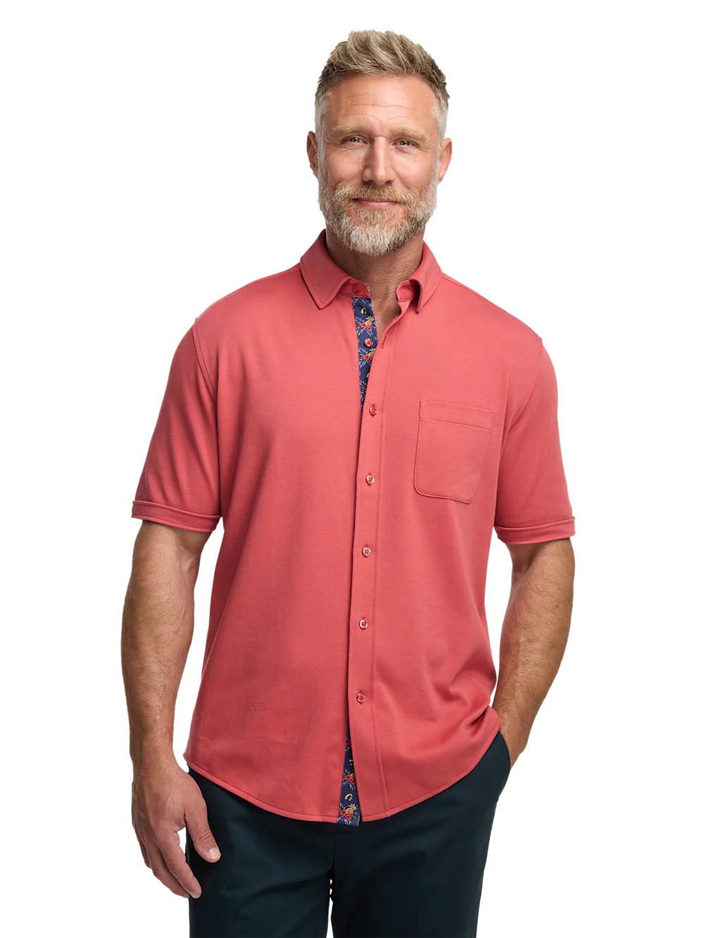 Cotton Full Button Front Polo - Coral - Image 2