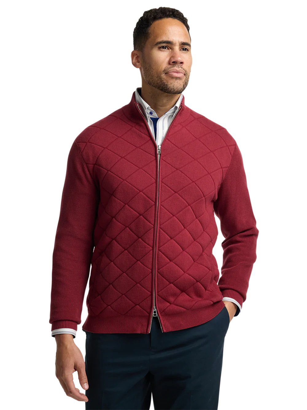 Cotton Full Zip Mock Neck Sweater Jacket - Burgundy - Image 2