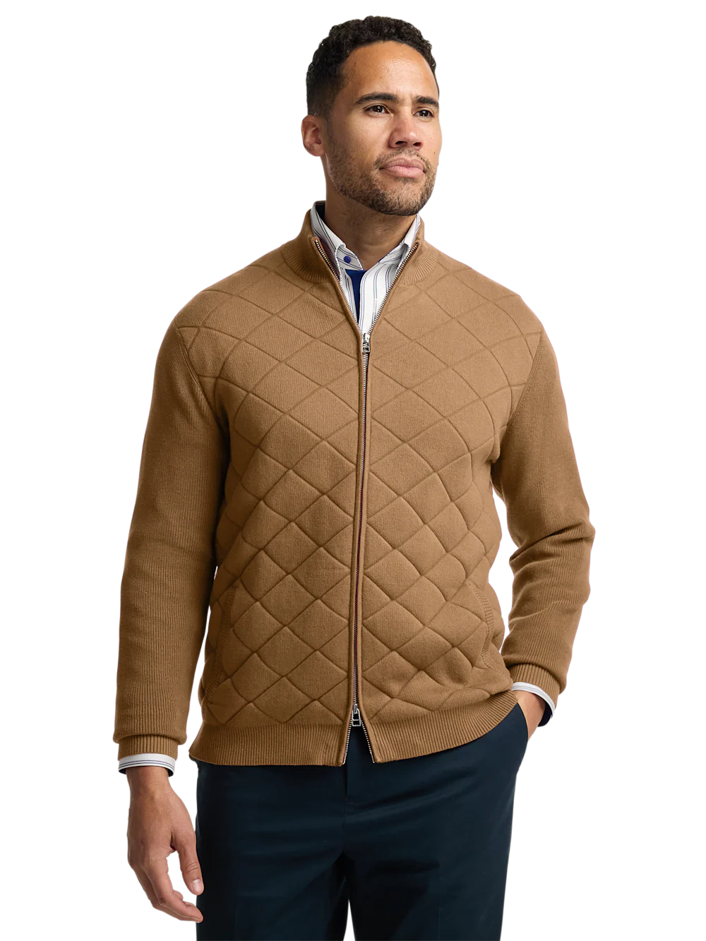 Cotton Full Zip Mock Neck Sweater Jacket - Camel - Image 2