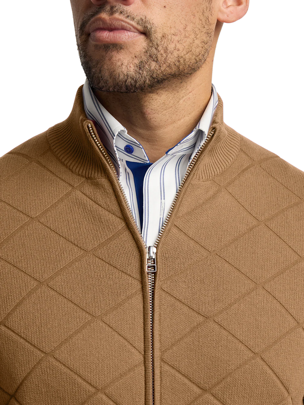 Cotton Full Zip Mock Neck Sweater Jacket - Camel - Image 3