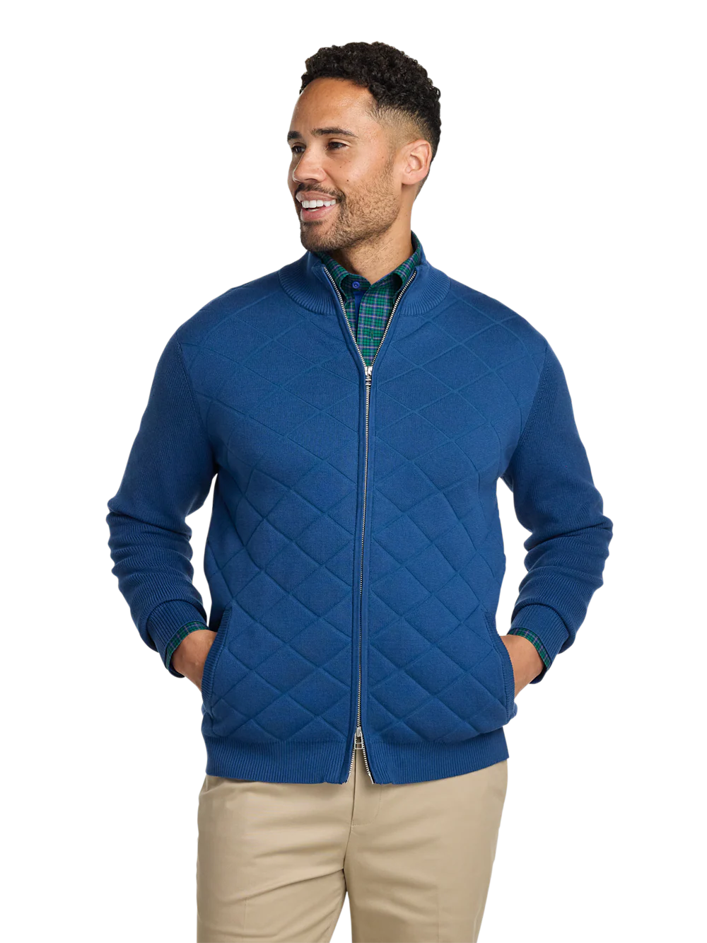 Cotton Full Zip Mock Neck Sweater Jacket - Navy - Image 2