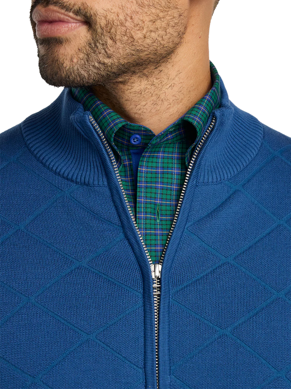 Cotton Full Zip Mock Neck Sweater Jacket - Navy - Image 3