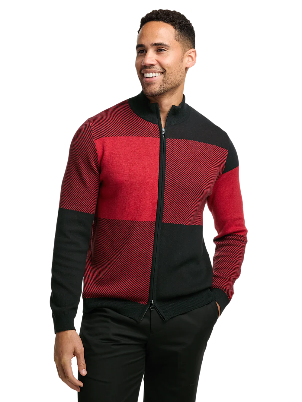 Cotton Full Zip Mock Neck Sweater - Red/black - Image 2