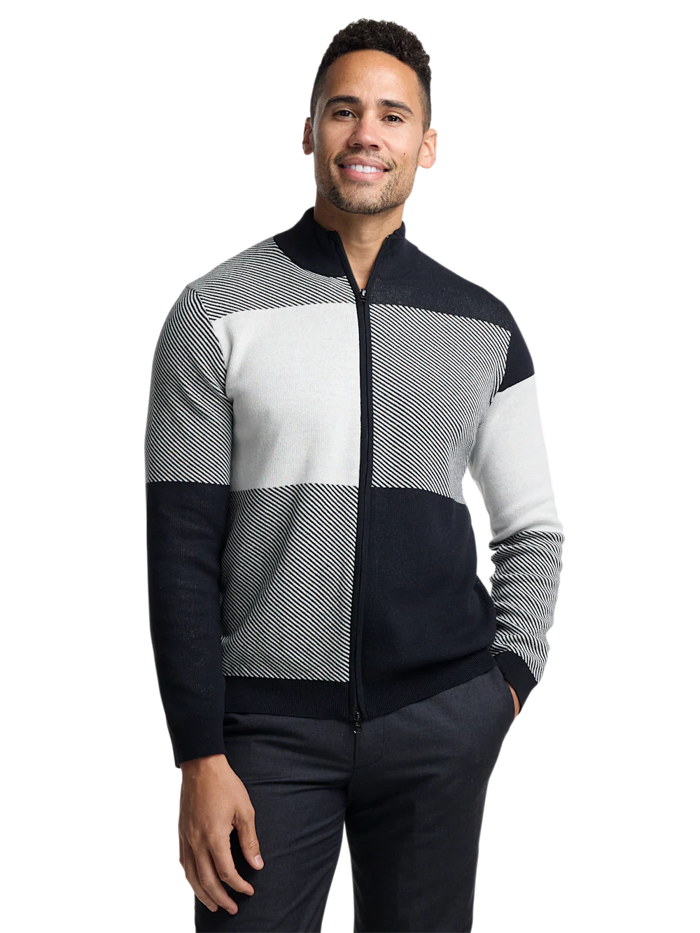 Cotton Full Zip Mock Neck Sweater - Black/white Glen Plaid - Image 2
