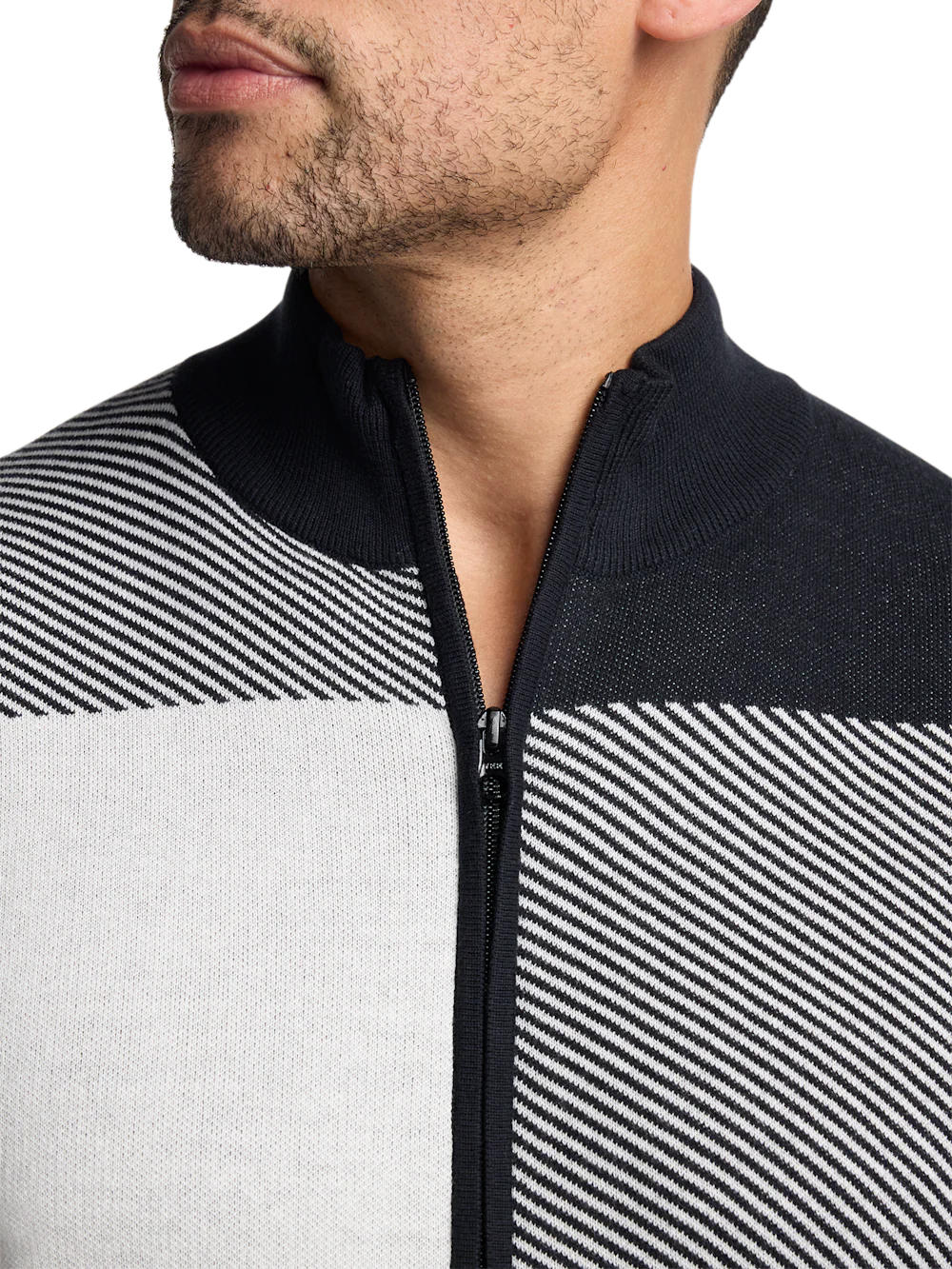 Cotton Full Zip Mock Neck Sweater - Black/white Glen Plaid - Image 3