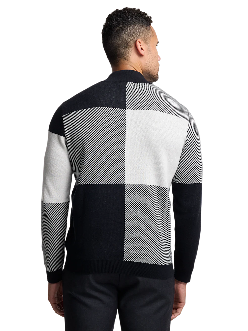 Cotton Full Zip Mock Neck Sweater - Black/white Glen Plaid - Image 5