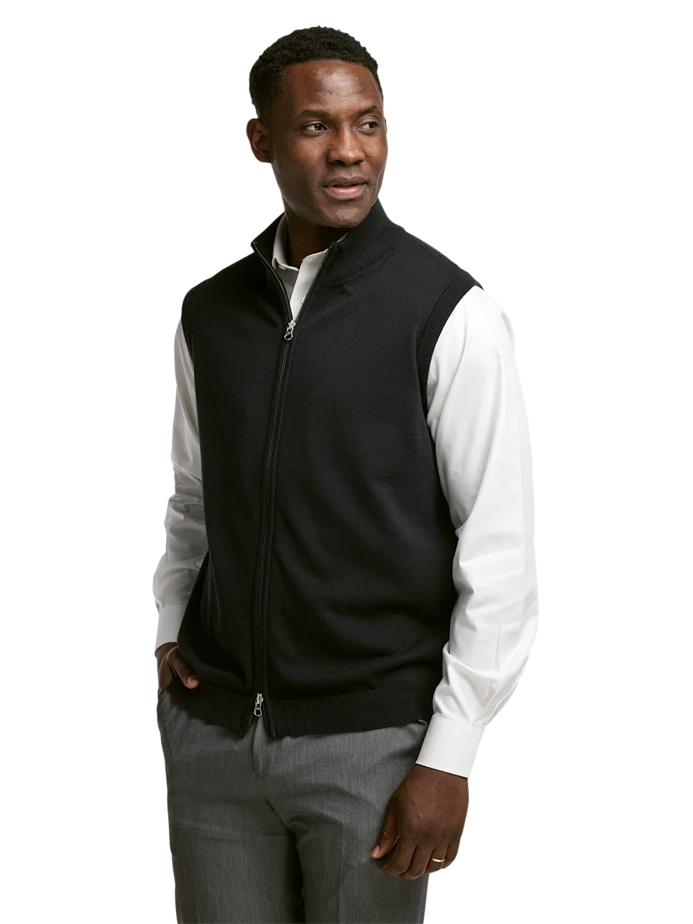 Cotton Full Zip Mock Neck Vest - Black - Image 2