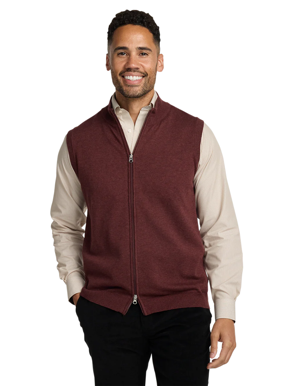 Cotton Full Zip Mock Neck Vest - Burgundy - Image 2