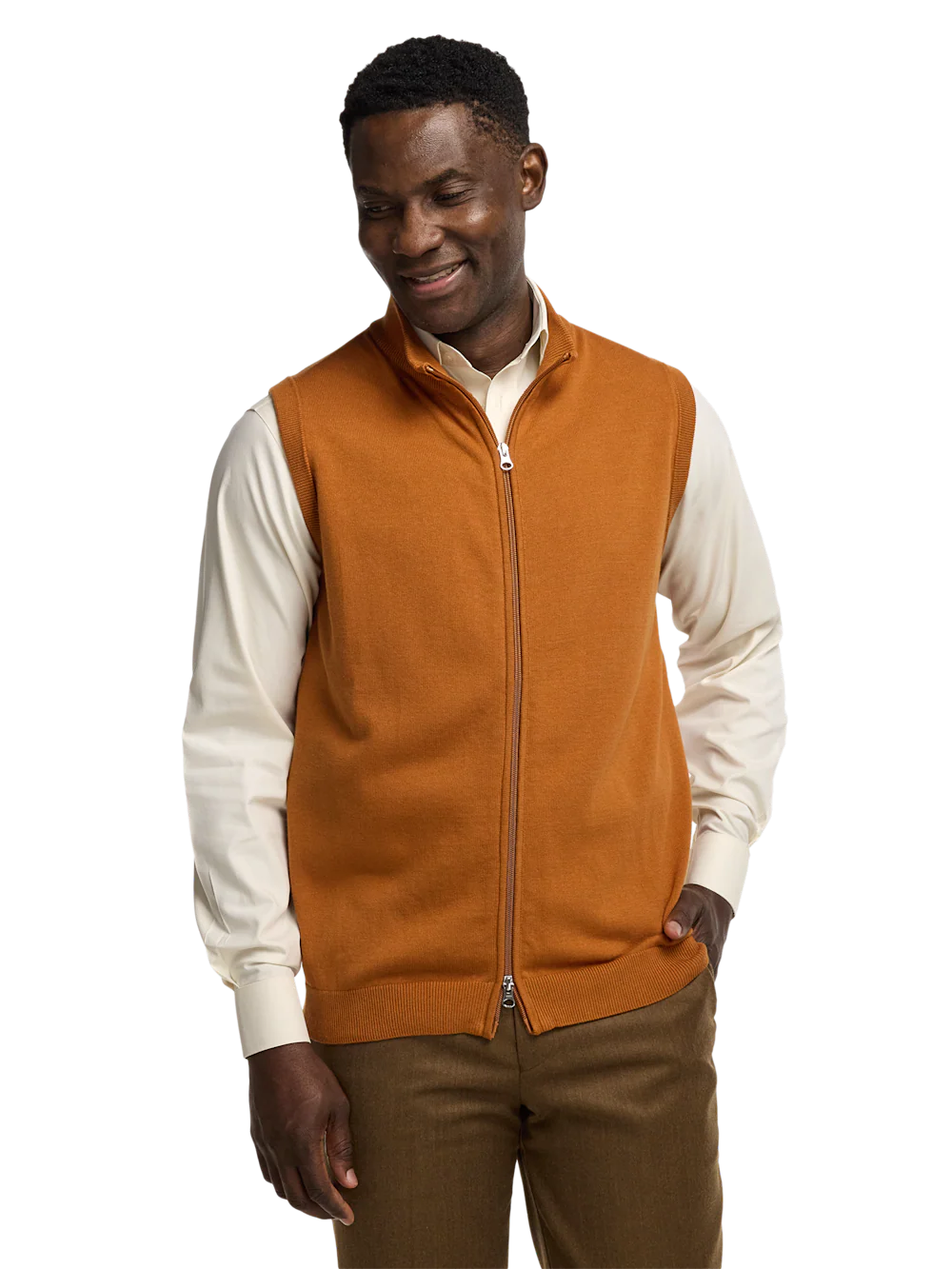 Cotton Full Zip Mock Neck Vest - Cognac - Image 2