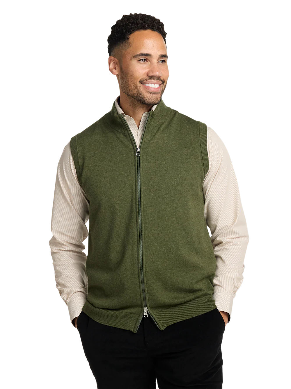 Cotton Full Zip Mock Neck Vest - Olive - Image 2