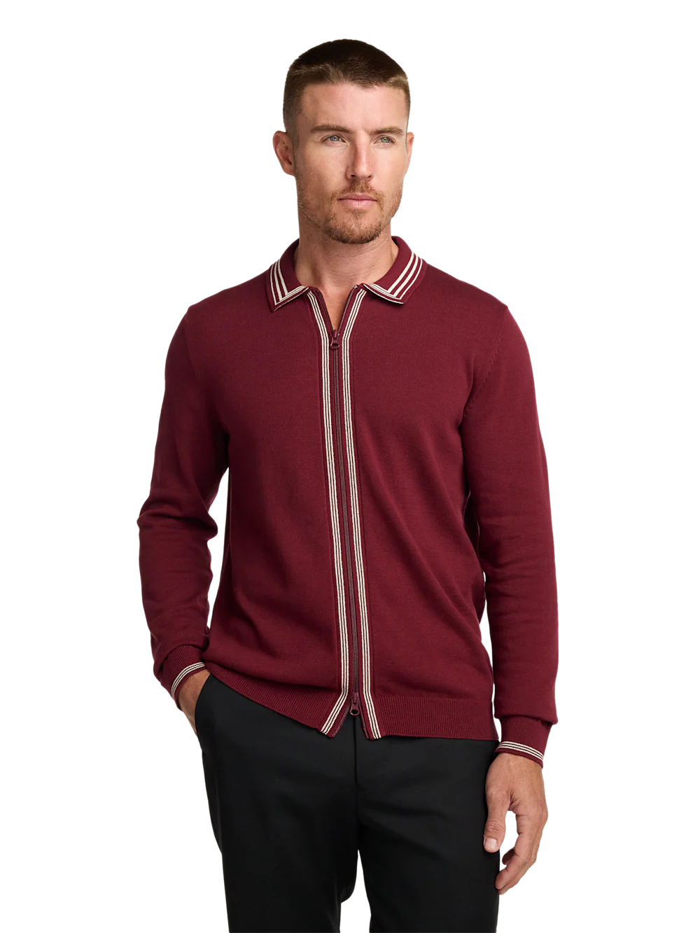 Cotton Full Zip Polo - Burgundy - Image 2