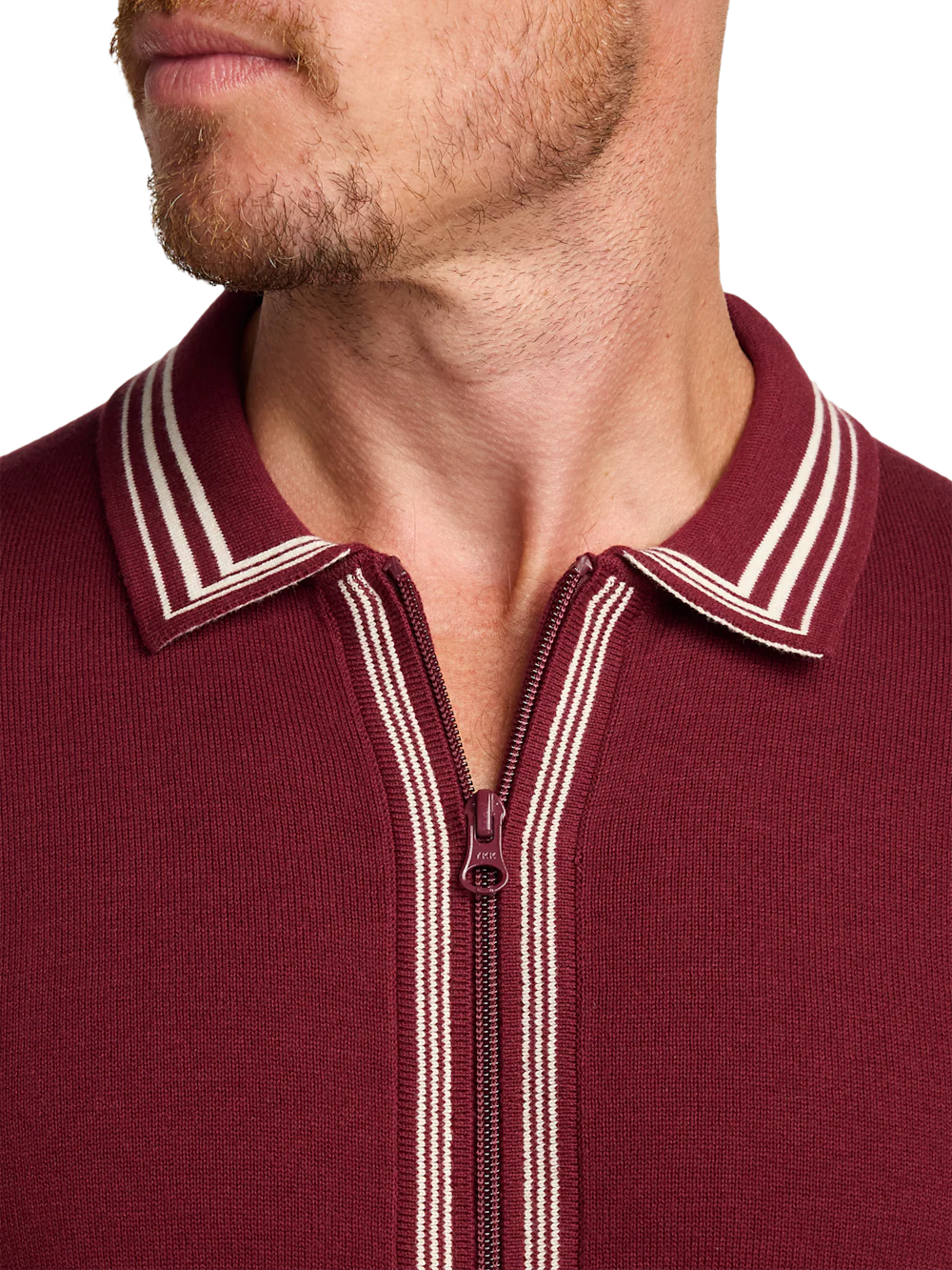 Cotton Full Zip Polo - Burgundy - Image 3