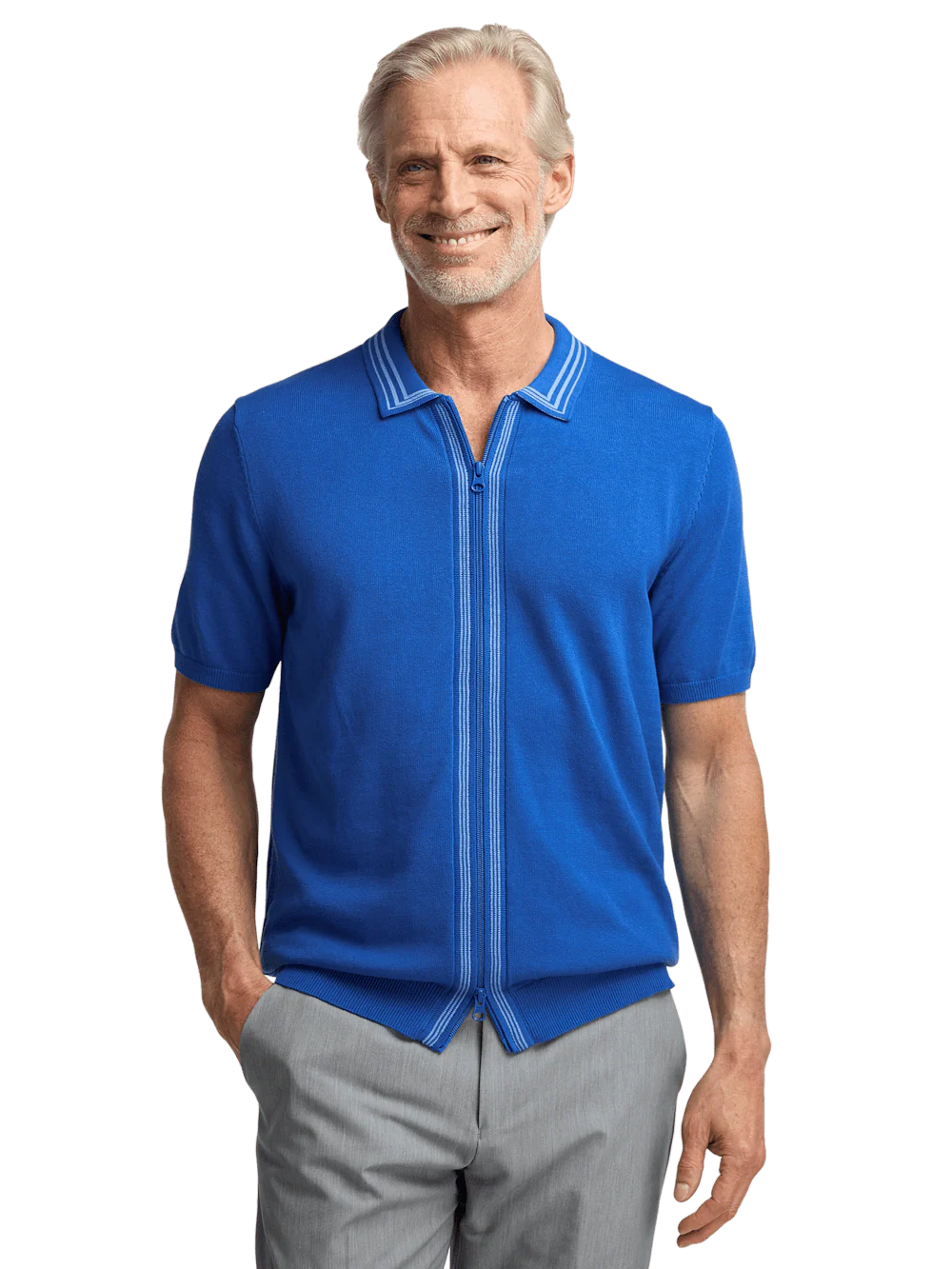 Cotton Full Zip Polo - Blue - Image 2