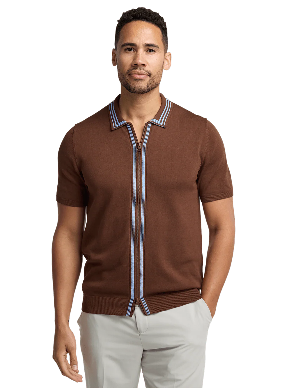 Cotton Full Zip Polo - Brown - Image 2