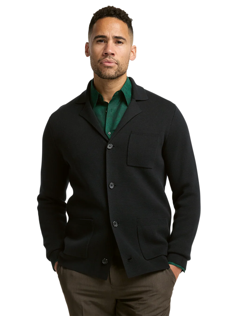 Cotton Notch Lapel Cardigan Sweater - Black - Image 2