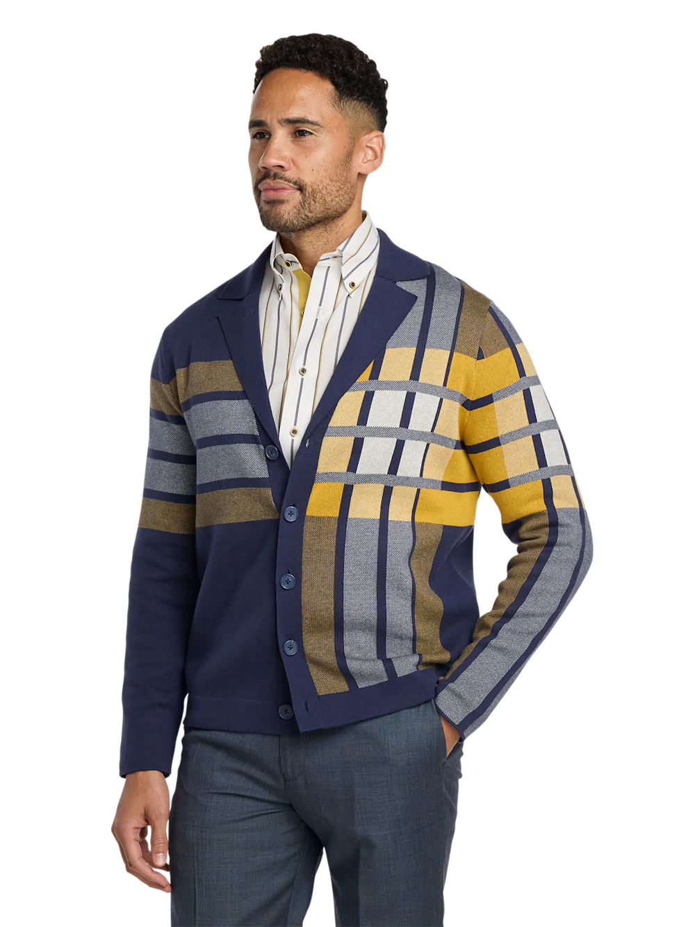 Cotton Notch Lapel Cardigan Sweater - Navy/gold - Image 2
