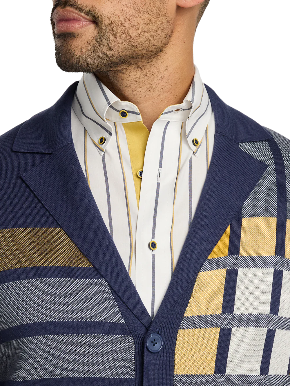 Cotton Notch Lapel Cardigan Sweater - Navy/gold - Image 3