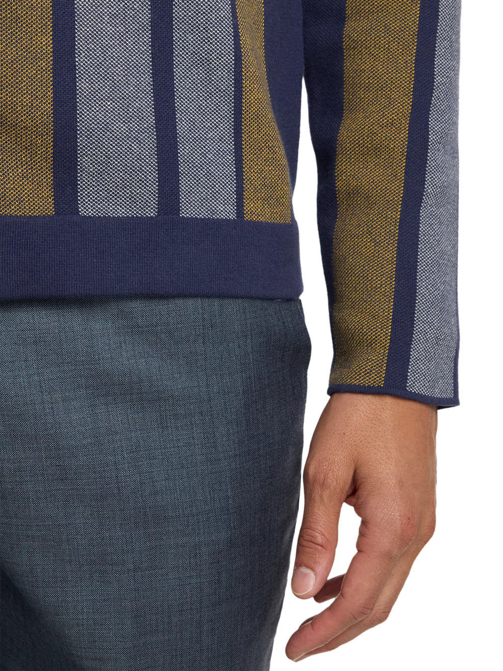 Cotton Notch Lapel Cardigan Sweater - Navy/gold - Image 4