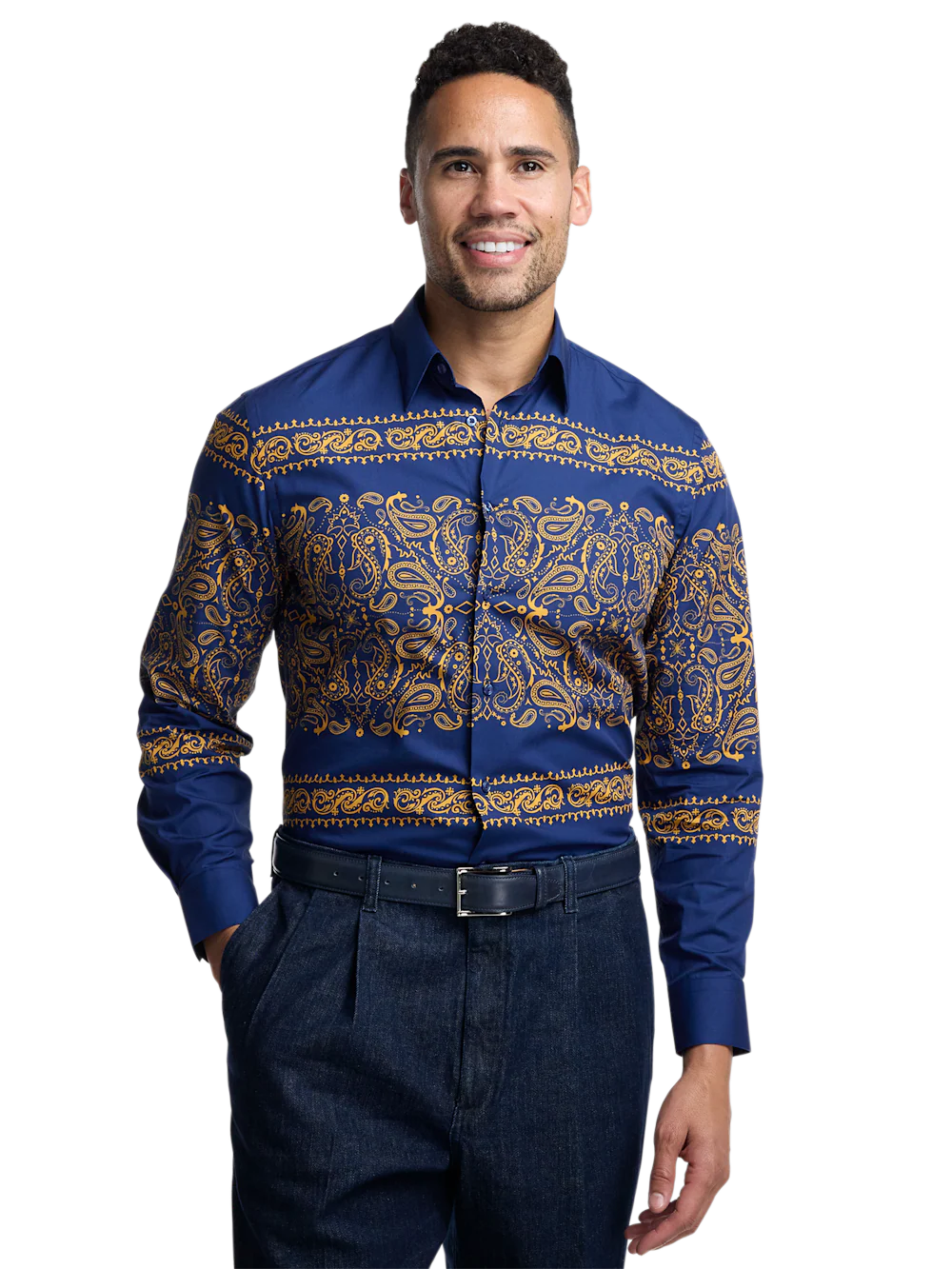 Cotton Paisley Point Collar Casual Shirt - Blue/gold - Image 3