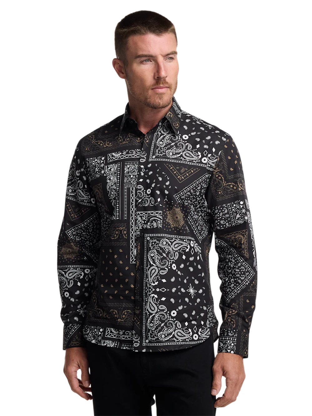 Cotton Paisley Point Collar Casual Shirt - Black/brown - Image 2