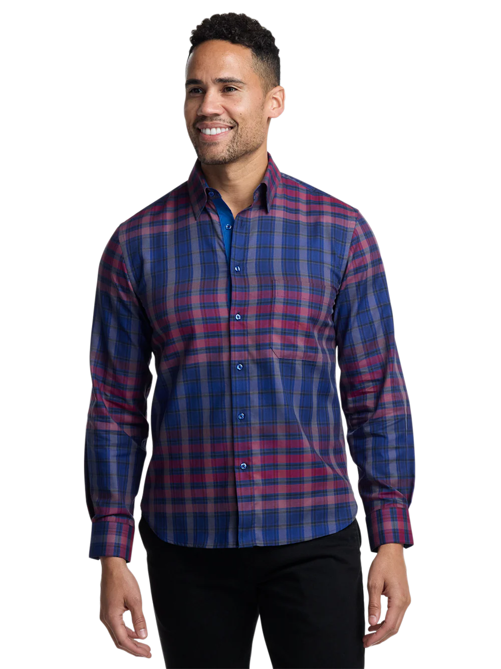 Cotton Plaid Point Collar Casual Shirt - Blue/burgundy - Image 2