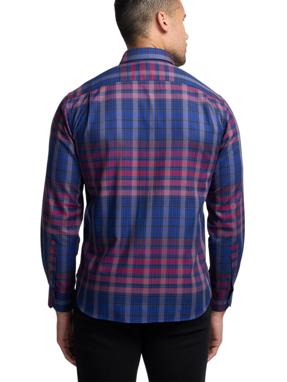 Cotton Plaid Point Collar Casual Shirt - Blue/burgundy - Image 6