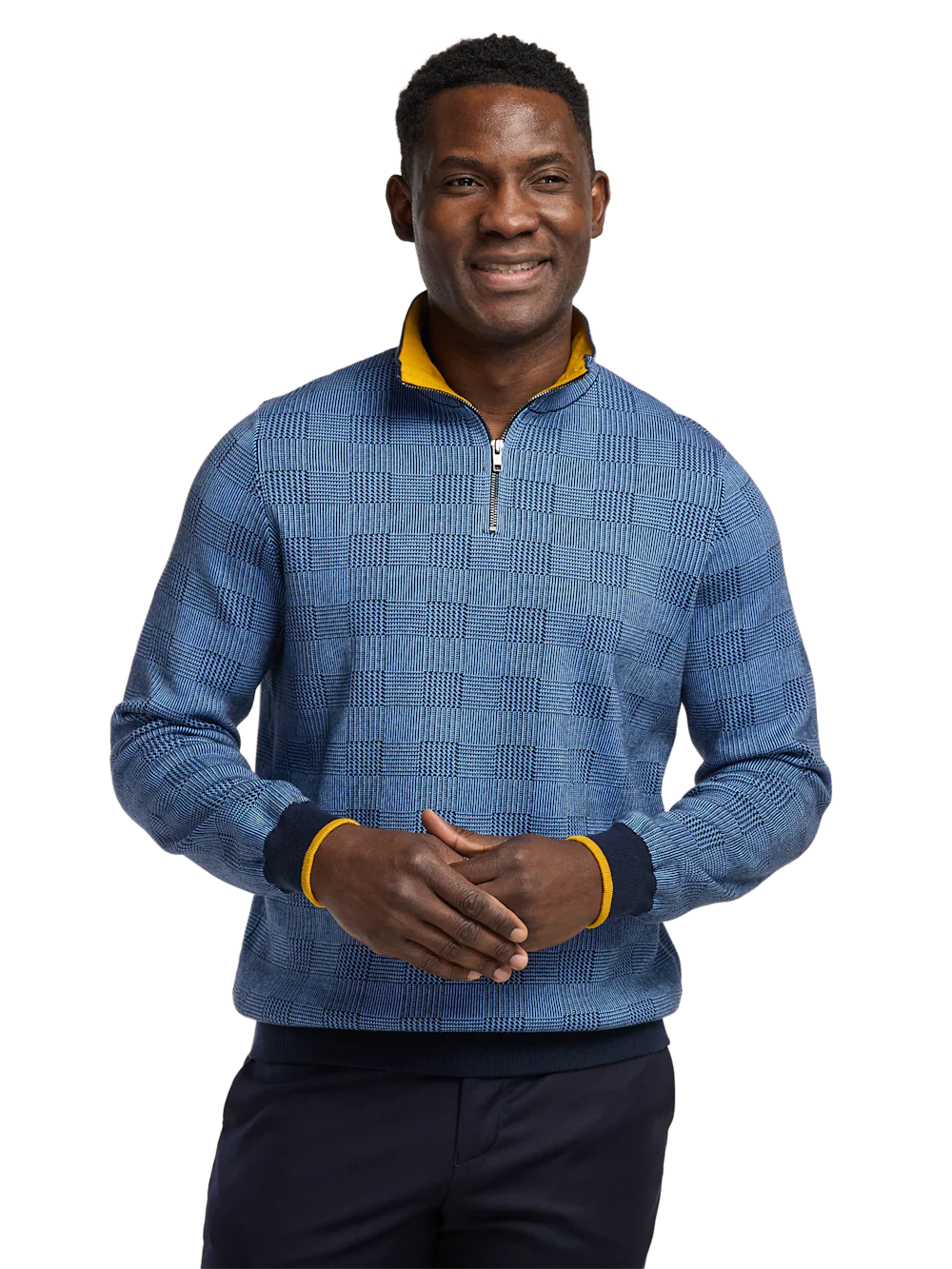 Cotton Quarter Zip Mock Neck Sweater - Blue/gold - Image 2