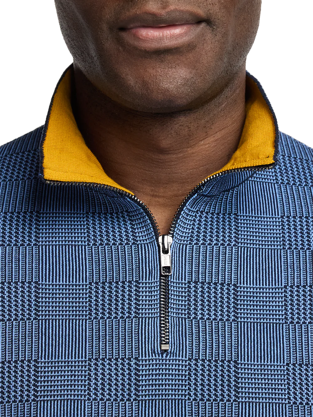 Cotton Quarter Zip Mock Neck Sweater - Blue/gold - Image 3