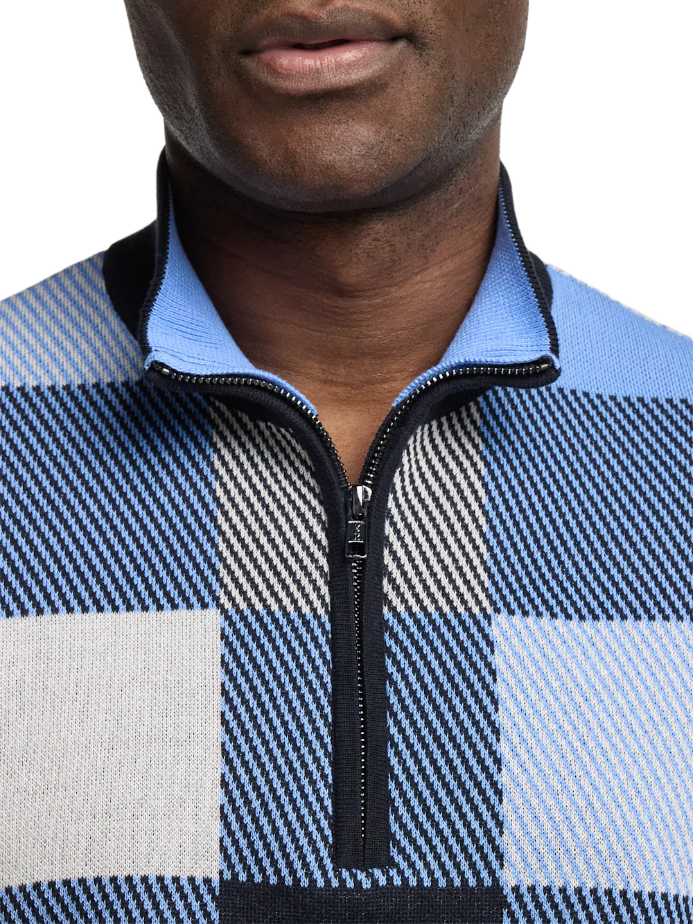 Cotton Quarter Zip Mock Neck Sweater - Blue Multi - Image 3